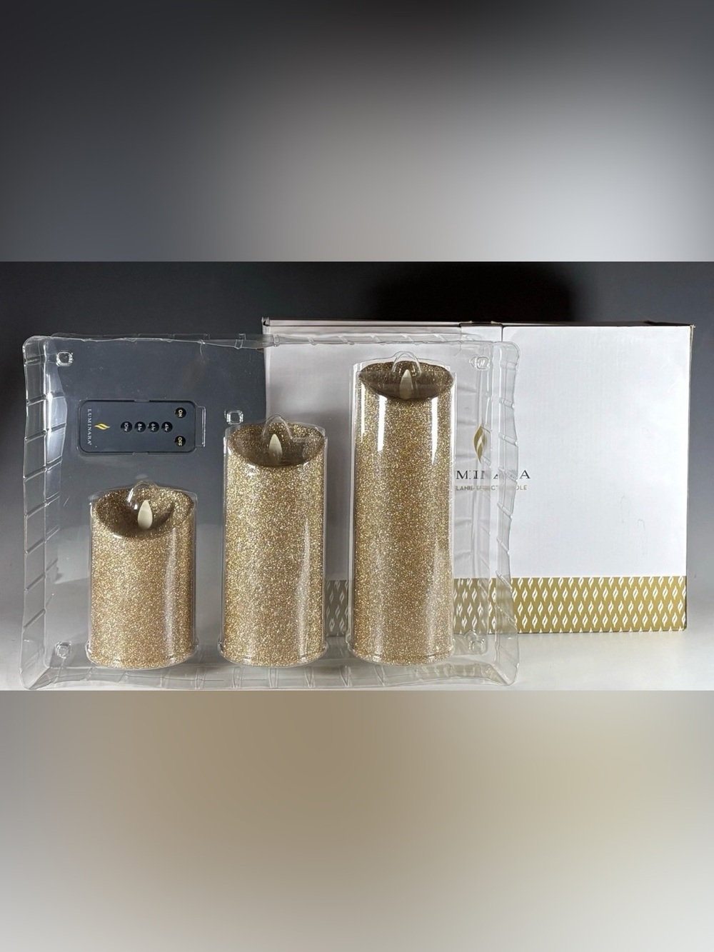 NIB Luminara Flameless Moving Flame Candle Set 3-Piece Gold Glitter & Remote